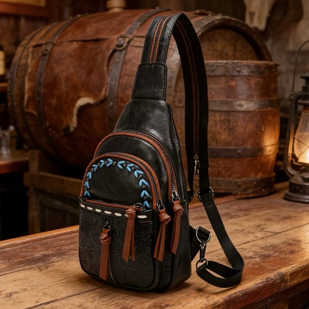 🌵 Western Black Tooled Sling Backpack w/ Turquoise Stud Detail